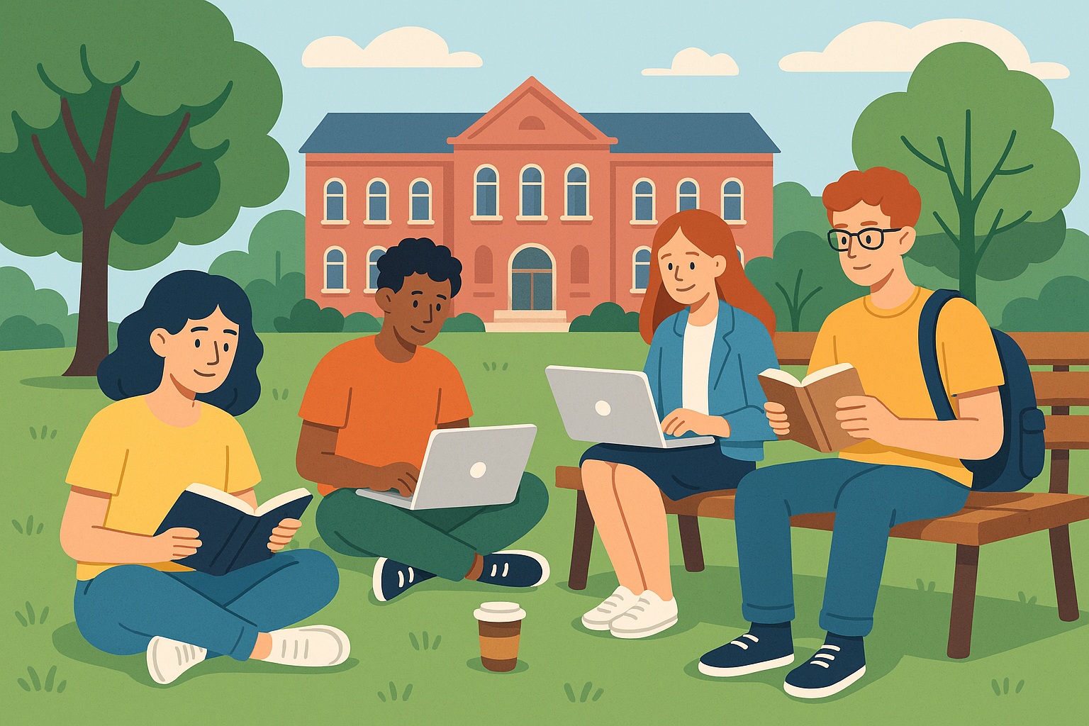 Diverse students studying together on a college campus